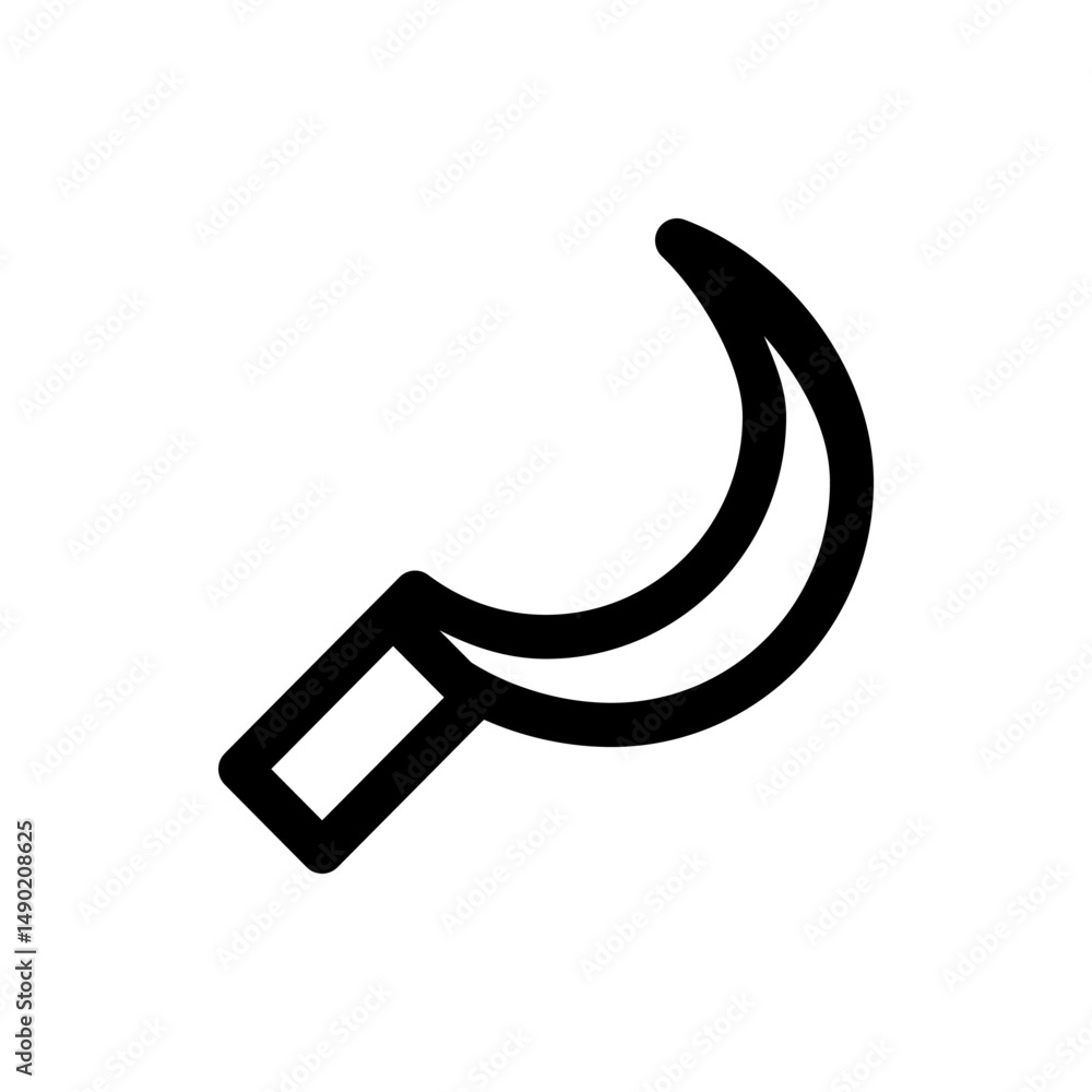 Poster illustration of a simple black sickle with a curved blade and a rectangular handle on a white backgr