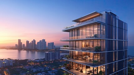Modern high rise building with balconies overlooking a city skyline at dusk with water views