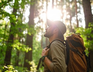 Fototapeta premium Forest Explorer: A hiker stands beneath a canopy of lush, green leaves, basking in the warm sunlight filtering through the trees. The scene evokes a sense of tranquility and adventure.
