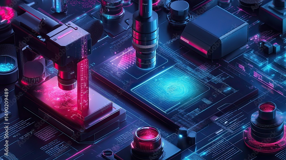Poster a futuristic laboratory setup with microscopes and glowing digital interfaces displayed on a dark su