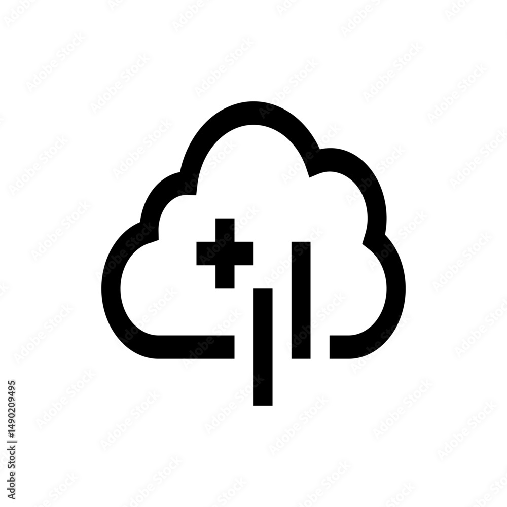 Poster a cloud with a plus sign and two vertical bars indicating data processing or cloud services activity