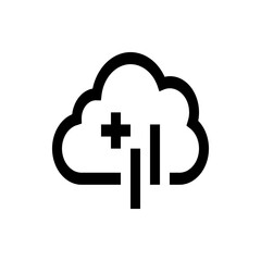 A cloud with a plus sign and two vertical bars indicating data processing or cloud services activity seen
