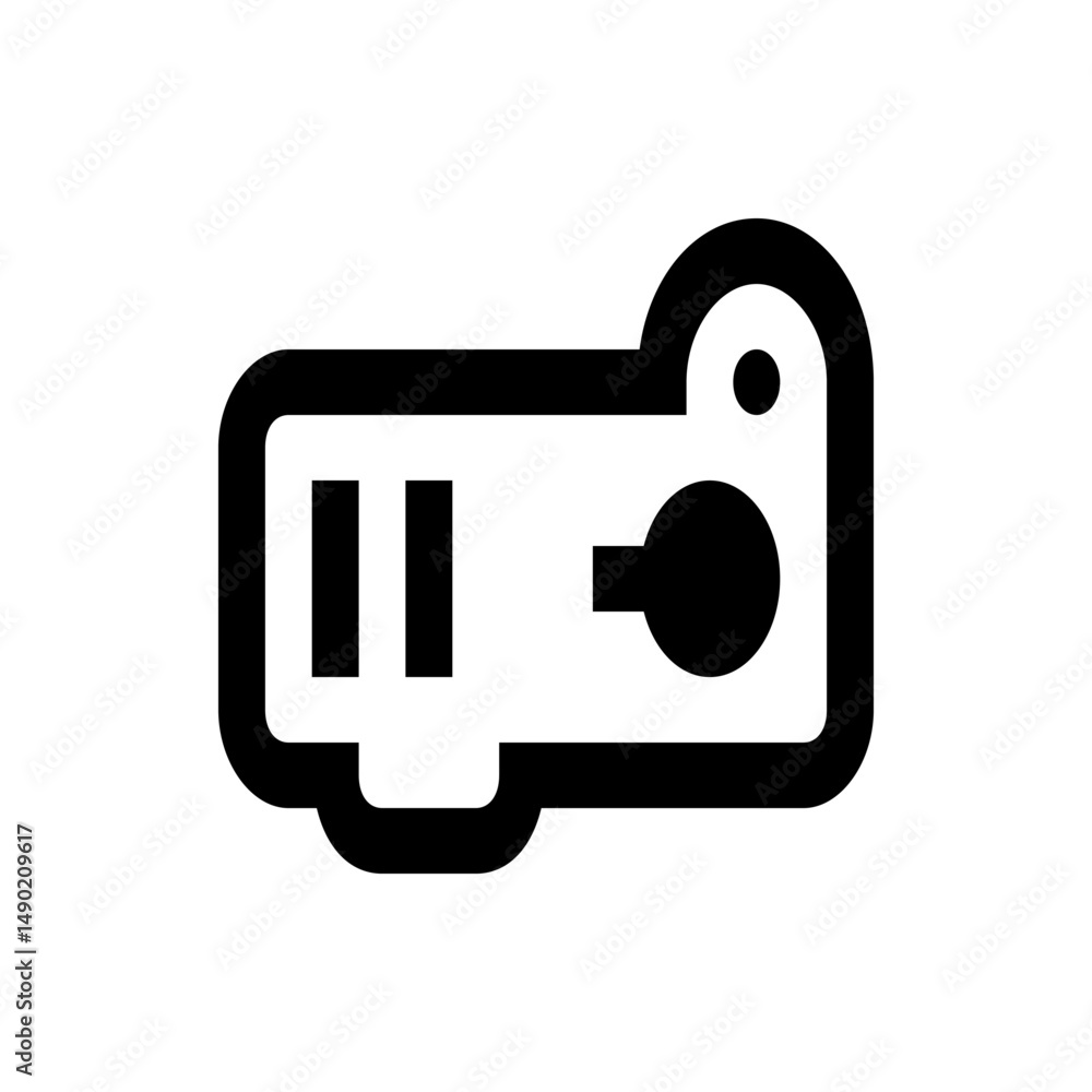Poster illustration of a black and white projector with visible lens and control features in a simple style