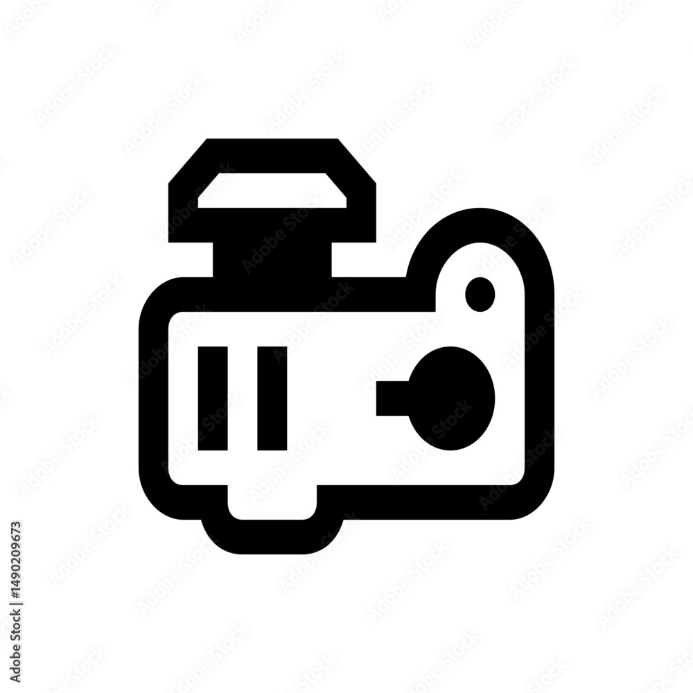 Poster illustration of a black and white projector with a lens and two vertical rectangles on the front sid