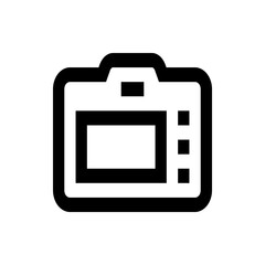 Illustration of a black and white camera with a screen and buttons in a simple outlined style design