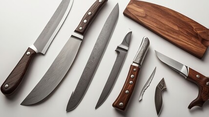 A collection of elegant kitchen knives with wooden handles, showcasing craftsmanship and precision against a clean surface.