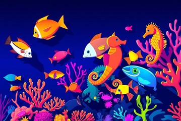 Obraz premium Colorful underwater scene with coral reefs seahorses and various fish swimming