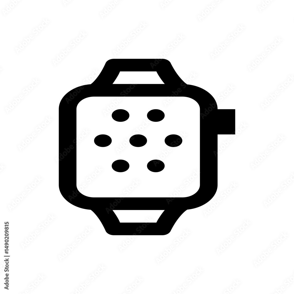 Poster illustration of a black smartwatch with a rectangular screen displaying a pattern of seven black dot