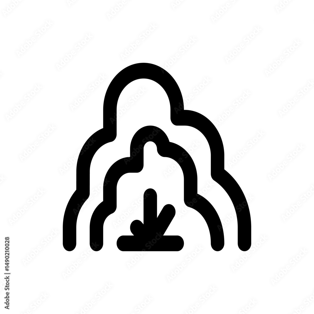 Poster stylized waterfall illustration with bold lines and downward pointing arrow at the bottom edge of th