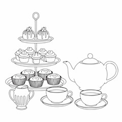 Elegant afternoon tea party scene with tiered cupcake stand teapot and cups vector illustration