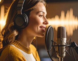Recording Artist in Studio: A female vocalist, illuminated by warm studio lights, sings into a professional microphone while wearing headphones, capturing the energy and passion of music creation.