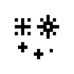 Collection of pixelated plus signs and starburst shapes arranged on a white background in simple style