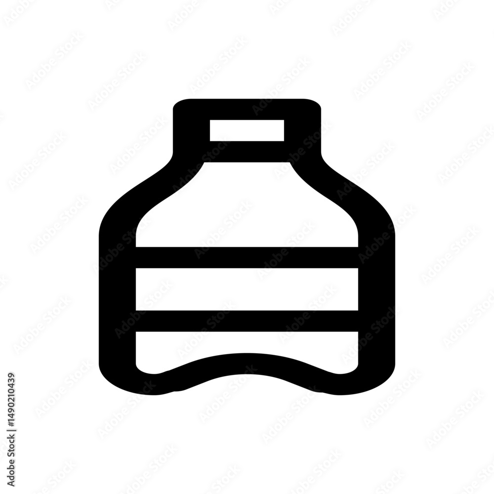 Poster an illustration of a bottle with a rectangular top and body and a curved bottom in black outline
