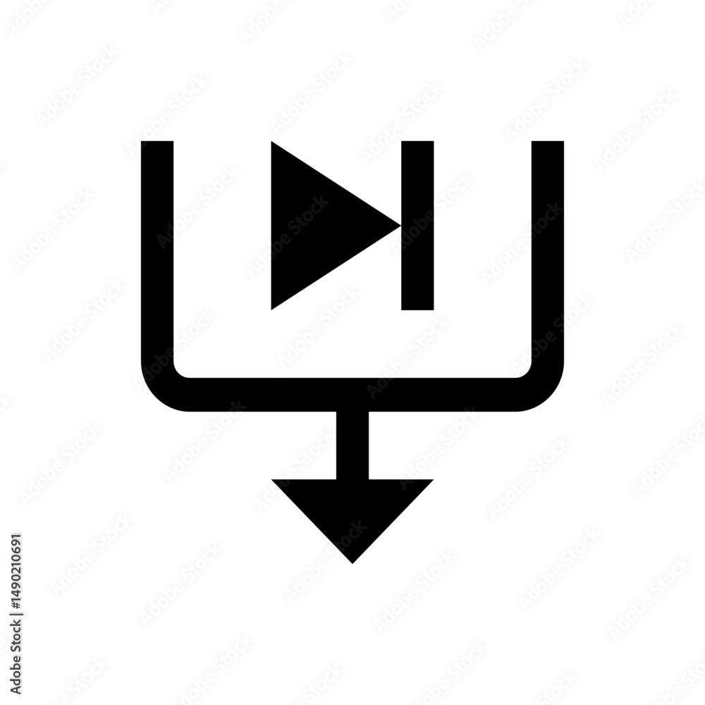 Poster black download icon with play symbol and line inside a square bracket shape with arrow pointing down