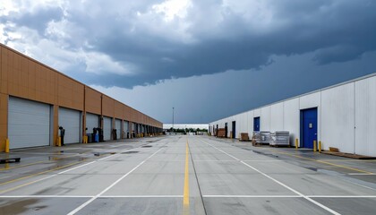 Fototapeta premium Automated Furniture Warehouse with Packing Stations Under Stormy Skies
