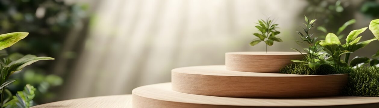 Two tiered wooden display stand with greenery