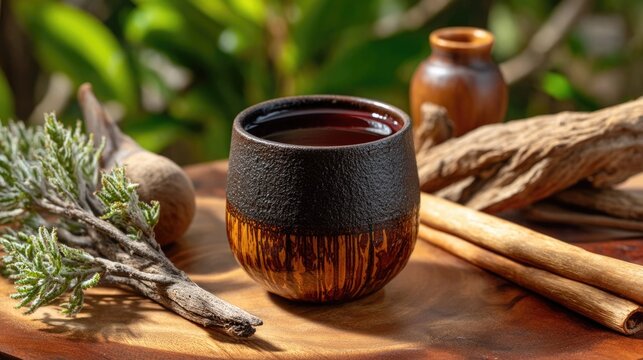 A close-up of a traditional ayahuasca brew in a handcrafted ceramic cup