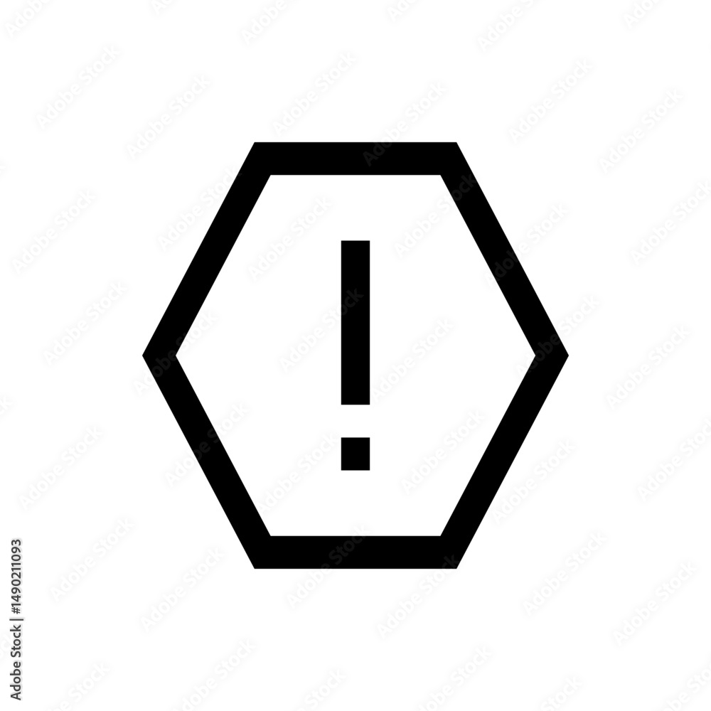 Poster black outline of a hexagon containing an exclamation point centered within the geometric shape icon 
