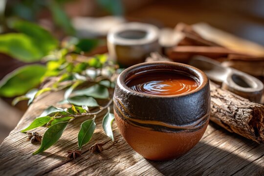 A close-up of a traditional ayahuasca brew in a handcrafted ceramic cup