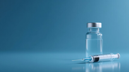Medical vaccine vial and syringe on blue background, symbolizing vaccination and healthcare