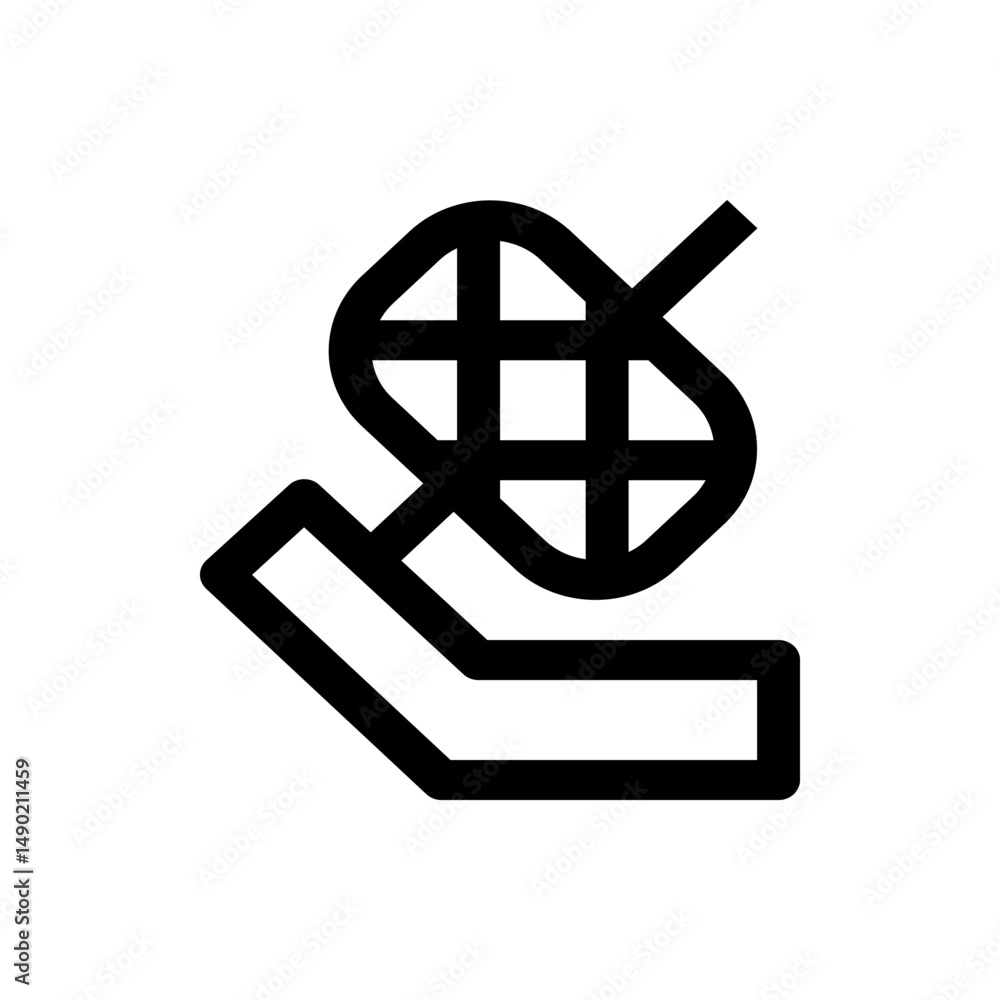 Poster illustration of a stylized hand holding a globe with grid lines and a diagonal line through it icon