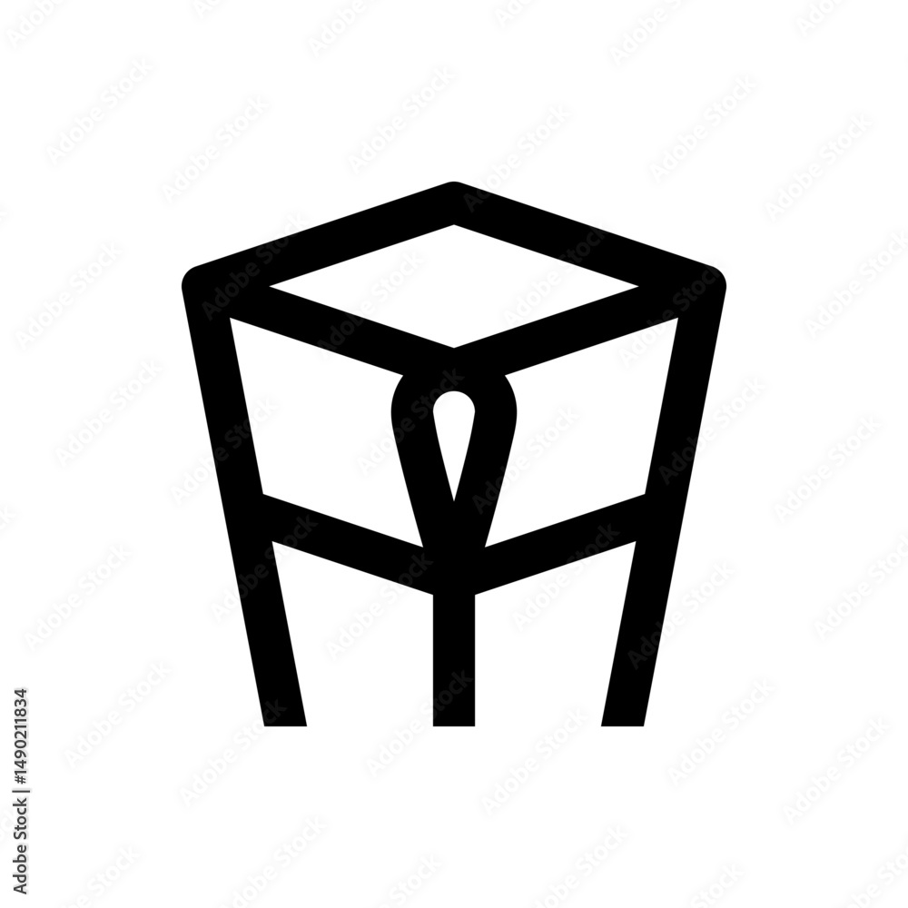 Poster stylized geometric shape resembling a box with an eye like element in the center in black and white