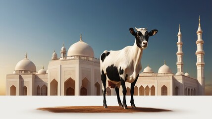A black and white cow stands elegantly against the backdrop of an ornate mosque and blue sky.