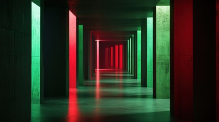 A vibrant corridor illuminated with red and green lights, showcasing modern architecture and depth