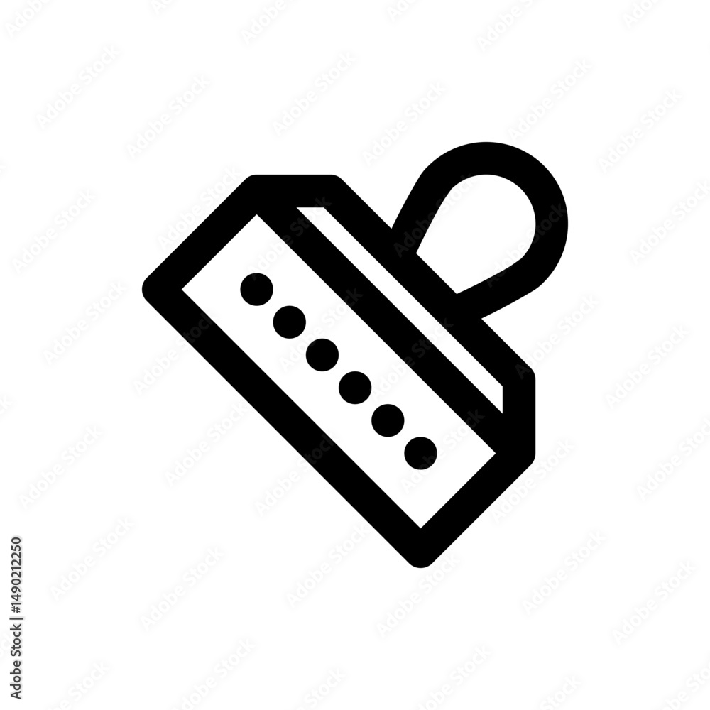 Poster illustration of a black price tag with rounded corners and a loop attached, featuring seven dots in 