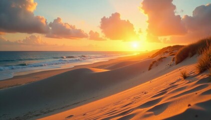Obraz premium Golden sunset light bathes textured sand dunes, beach scene , ocean, evening, desert