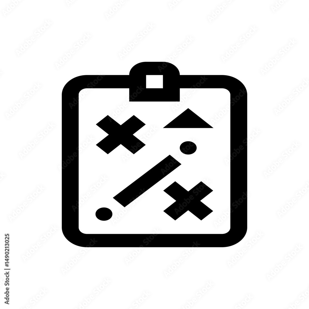 Poster black and white clipboard icon displaying a strategy with shapes and lines for planning and tactics 