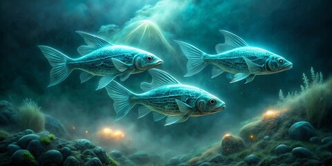 Naklejka premium Mysterious Aquatic Trio Navigating an Enigmatic Underwater Realm with Glowing Submerged Rocks