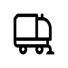 Illustration of a black outline street sweeper truck with a rounded top and visible wheels design icon
