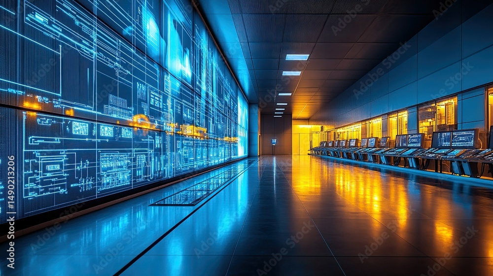 Poster interior view of a server room with large display screen and rows of computer workstations aligned