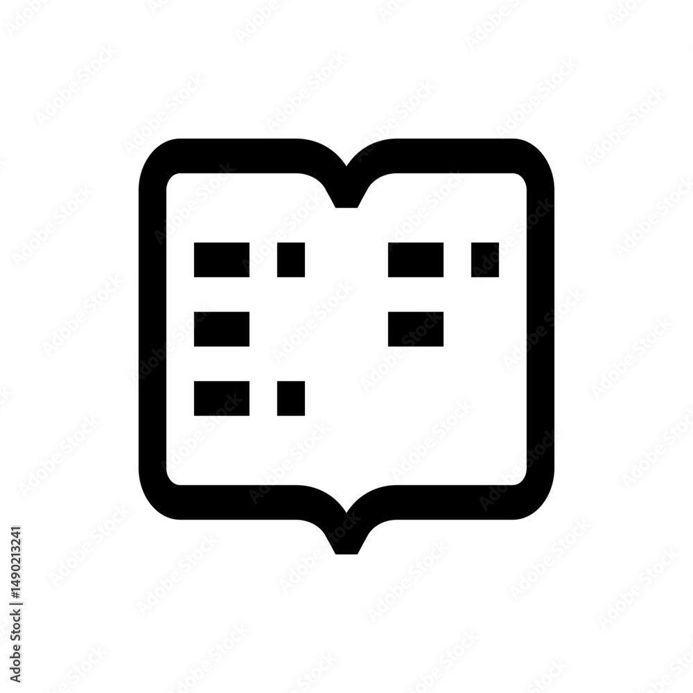 Poster illustration of an open book with text blocks on its pages in a simple black outline style design co