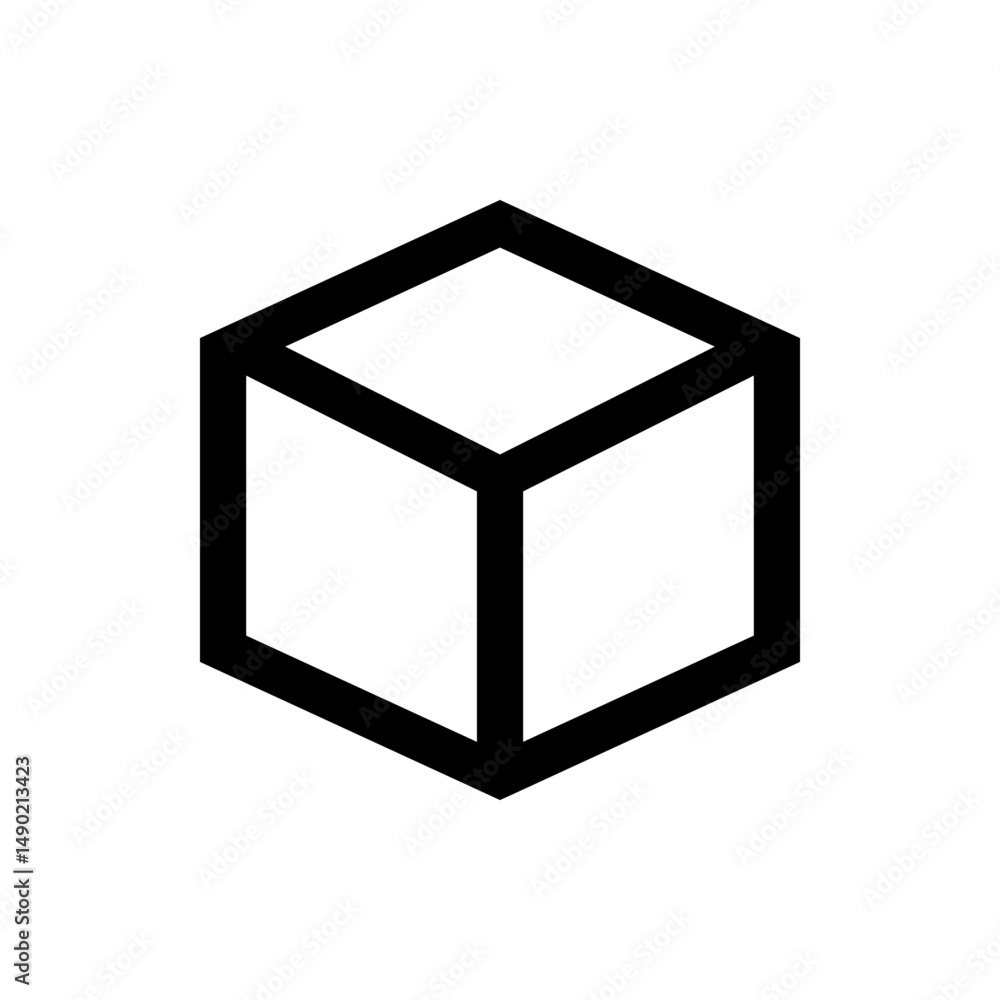 Poster isometric outline of a cube with thick black lines against a white background in a simple vector sty
