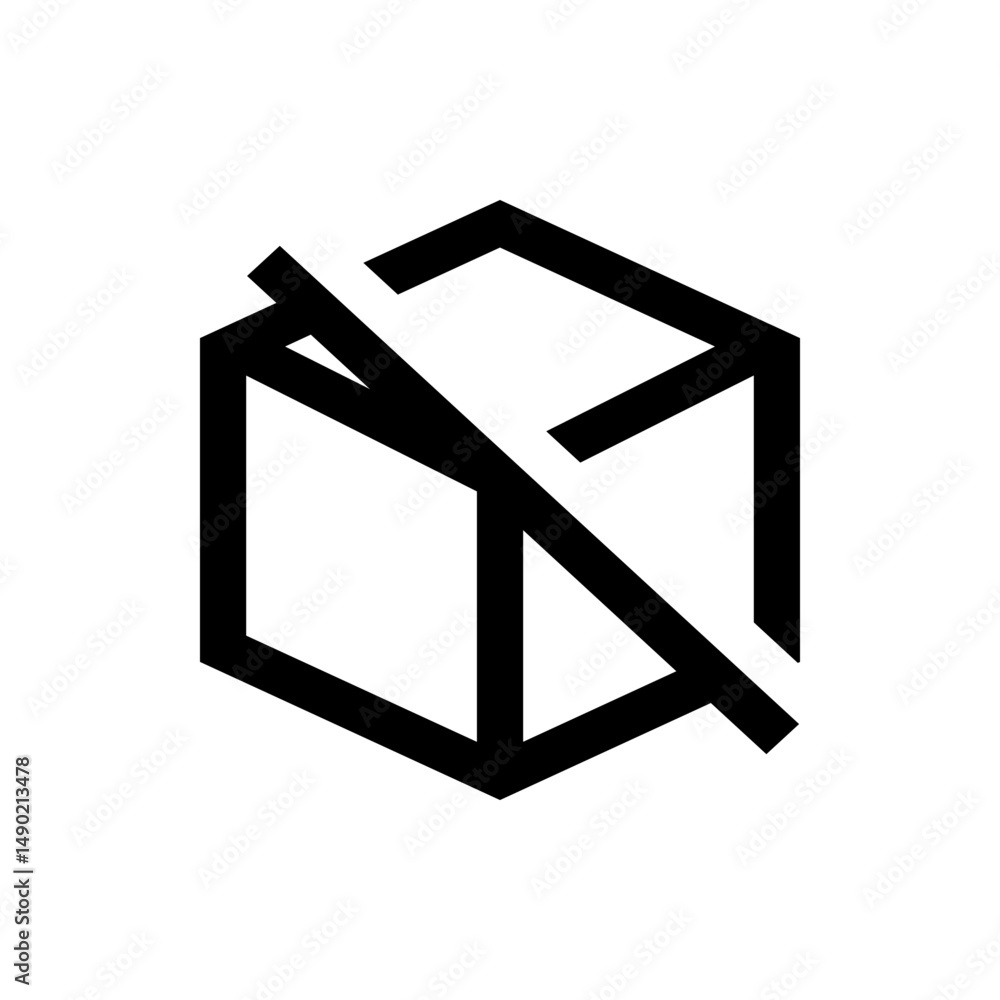 Poster black line art of a cube with a line through it indicating not allowed or forbidden in a simple styl