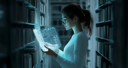 Young student using hologram technology and artificial intelligence to search for a book in the library. Generated image