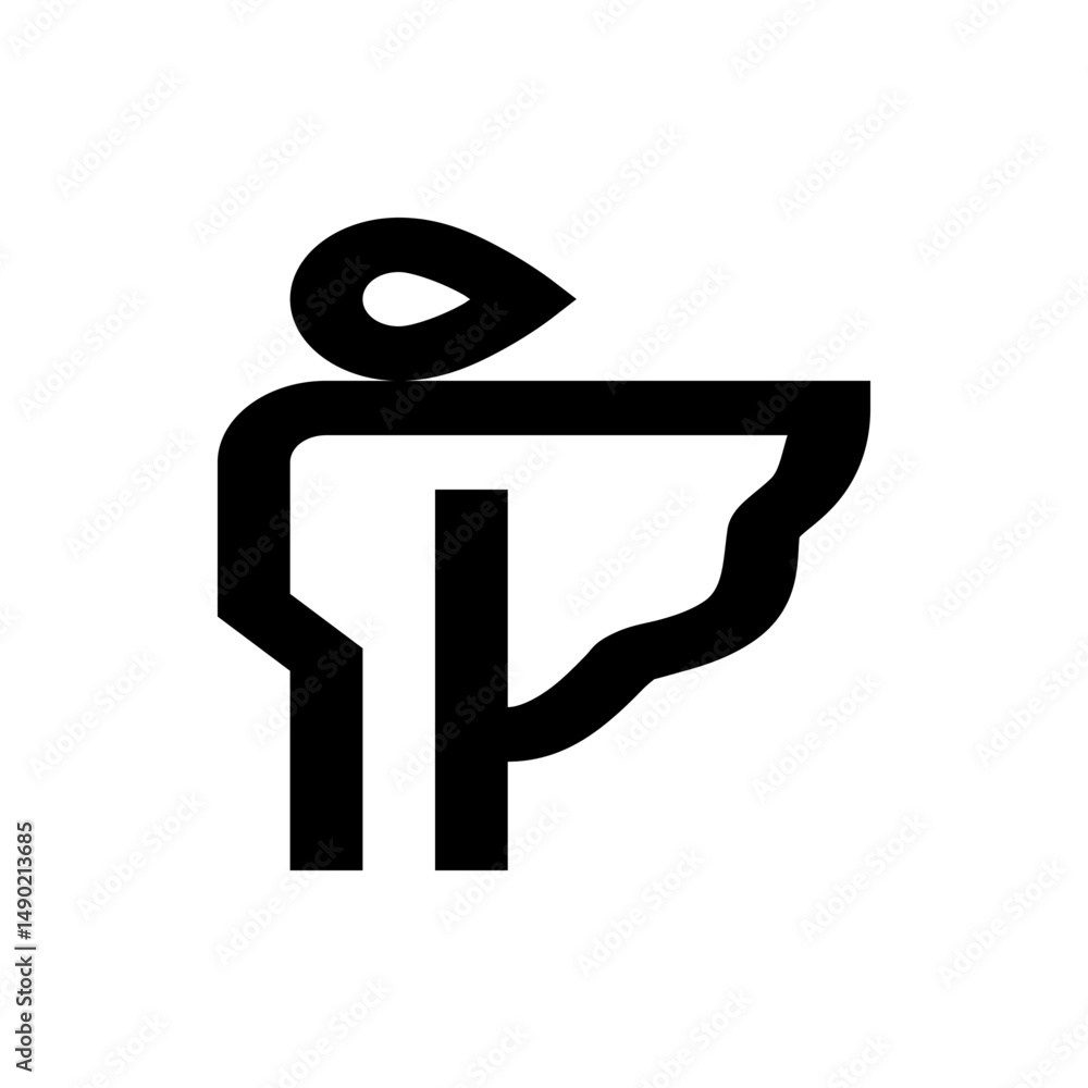 Poster abstract black and white design featuring a stylized figure with a drop shape above its head and bod