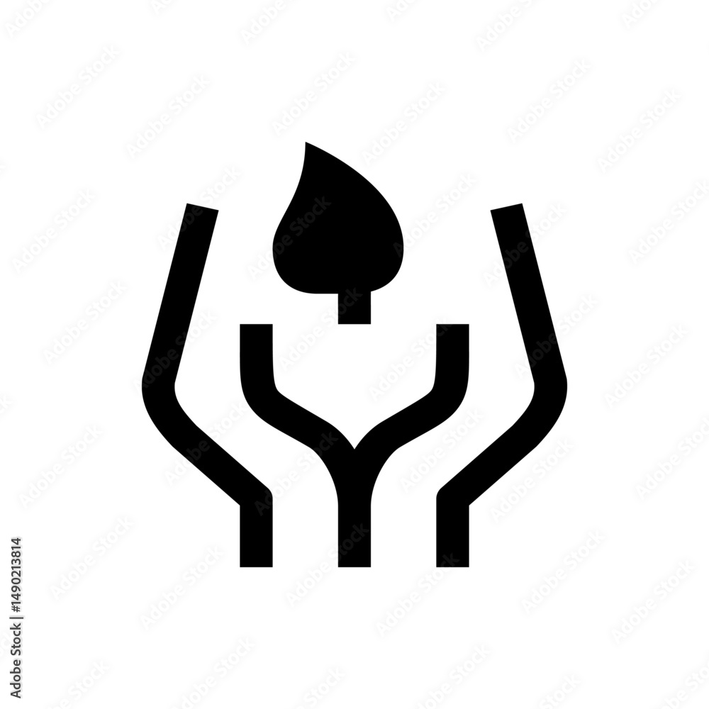 Poster abstract representation of hands cradling a leaf shape in a minimalist black and white design visual
