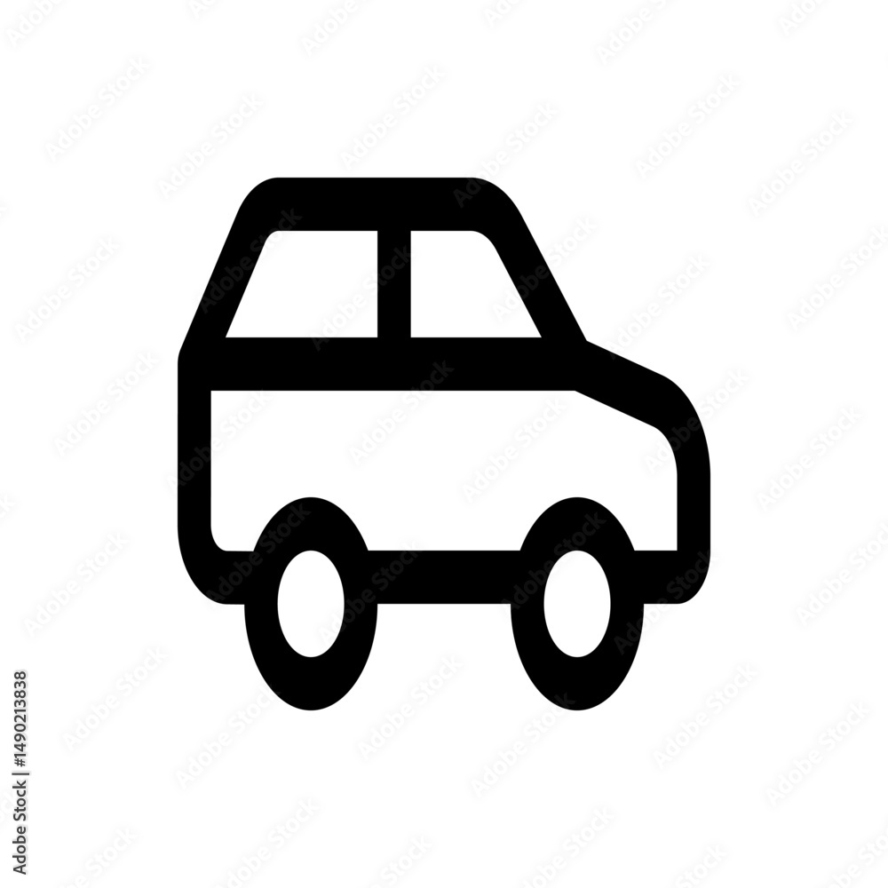 Poster outlined car icon with two windows and rounded tires in a simple black and white vector representati