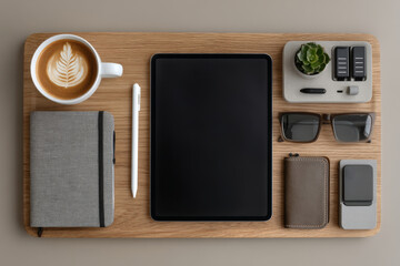 Top view. On the table, there is coffee, glasses, mobile phone, tablet, potted plant and wood with background.