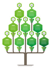 Eco Business Growth Tree Infographic: Green Hexagons Flowchart with Icons for Sustainability Reports, Environmental Strategies and Corporate Development Plans.