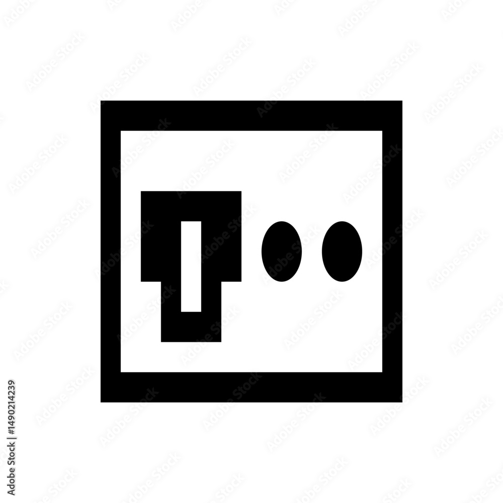 Poster illustration of a black and white card with a slot and two dots inside a rectangular border design e