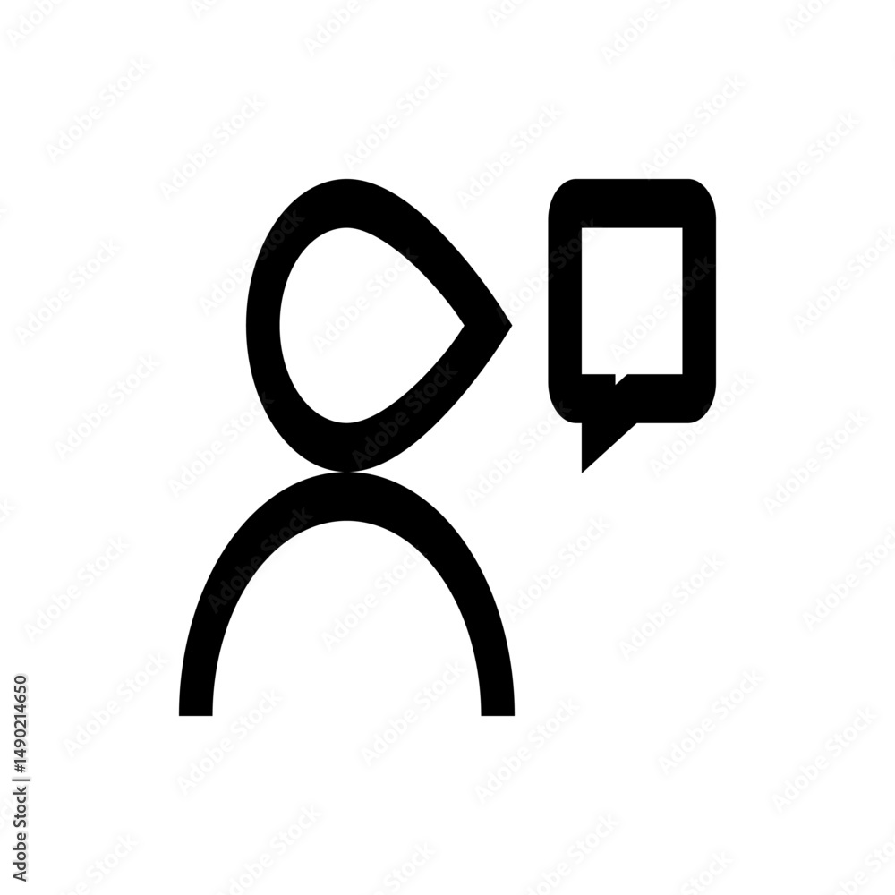 Poster person icon with a speech bubble showing communication and interaction in a simple black and white d