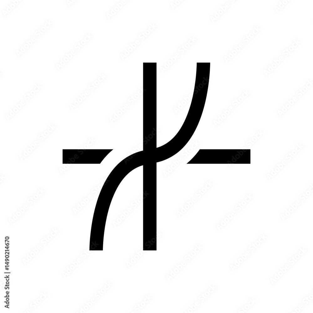 Poster illustration of a vertical line intersecting a horizontal line with a curved line weaving through it