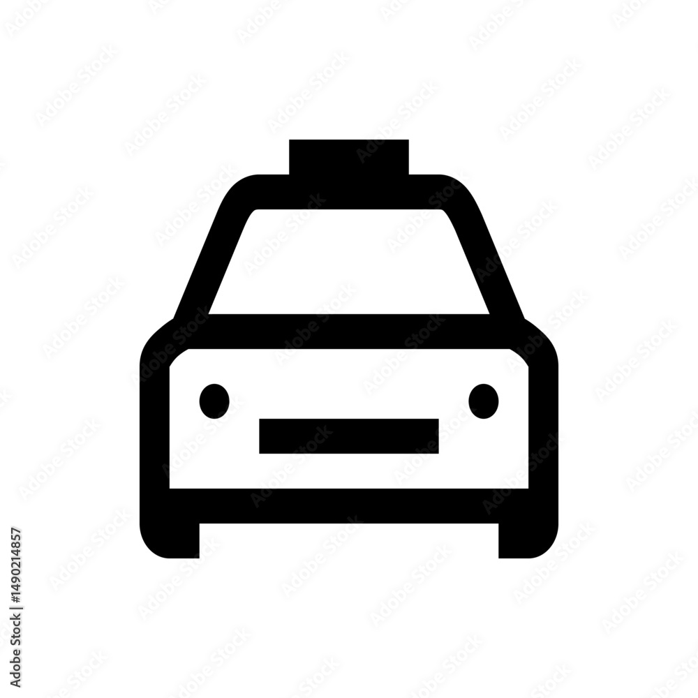 Poster illustration of a black and white taxi cab with a simple design and front view on a white background