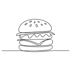 Line art illustration of a classic burger with layered ingredients, perfect for food, restaurant, and fast-food related designs or projects.