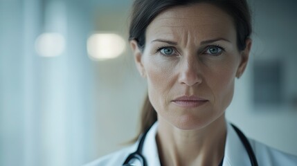 Confident female doctor in white coat with stethoscope, embodying professionalism and trust in healthcare.
