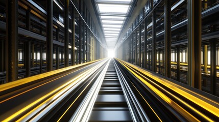 Futuristic corridor, glowing pathway, bright light at end, metal structure, data center